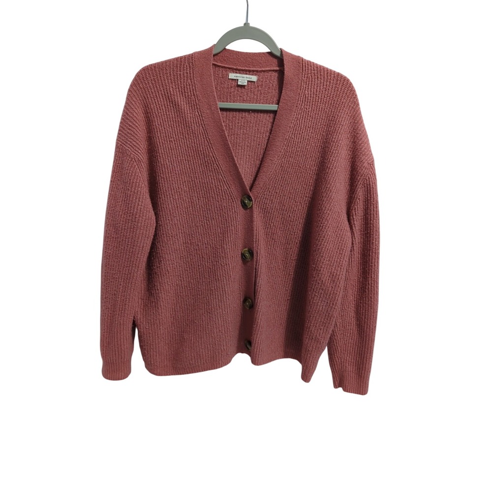 American Eagle shaker stitch Cardigan Sweater Sz M dusty rose cozy Y2K pink